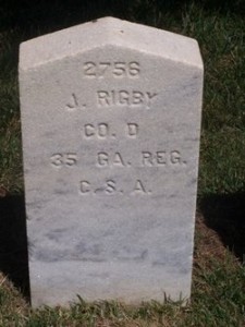 Headstone for Pvt. John Rigby, Co. D, 35th Georgia Infantry Regiment, Woodlawn National Cemetery at Elmira NY. See link to left for image credit.